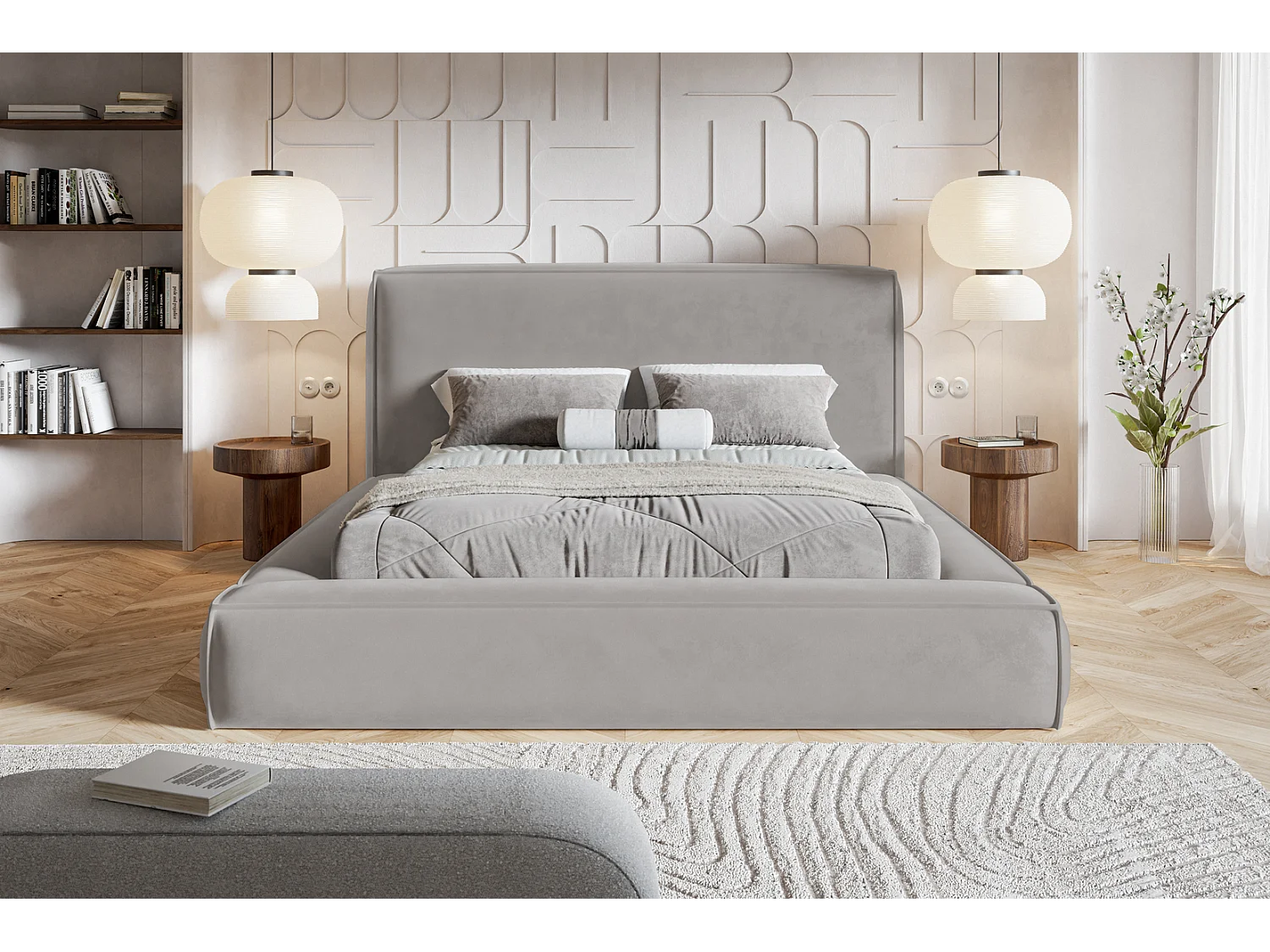 Polsterbett 180x200 Karano mit Lattenrost - Bettkasten, Samtstoff - Hellgrau (Amor Velvet 4318)