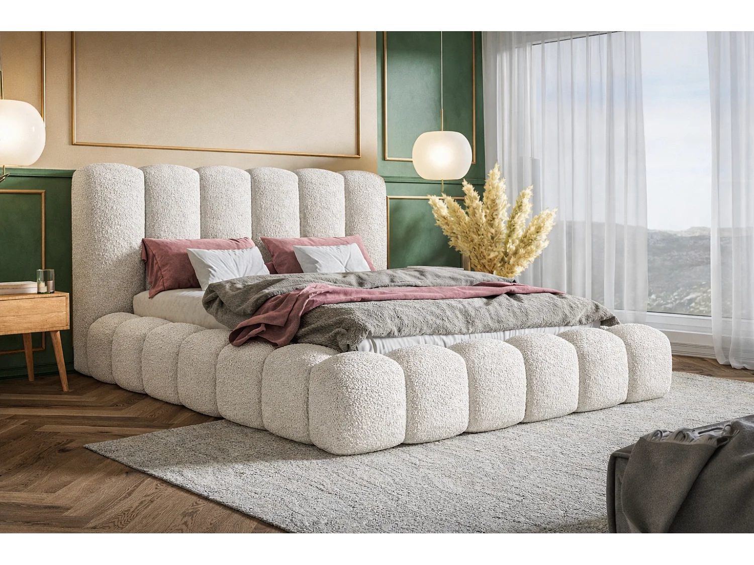 Polsterbett 180x200 Madeno mit Bettkasten - hochwertigem Schaumstoff, Metall-Lattenrost - Bouclé, Creme (Catch me 1)