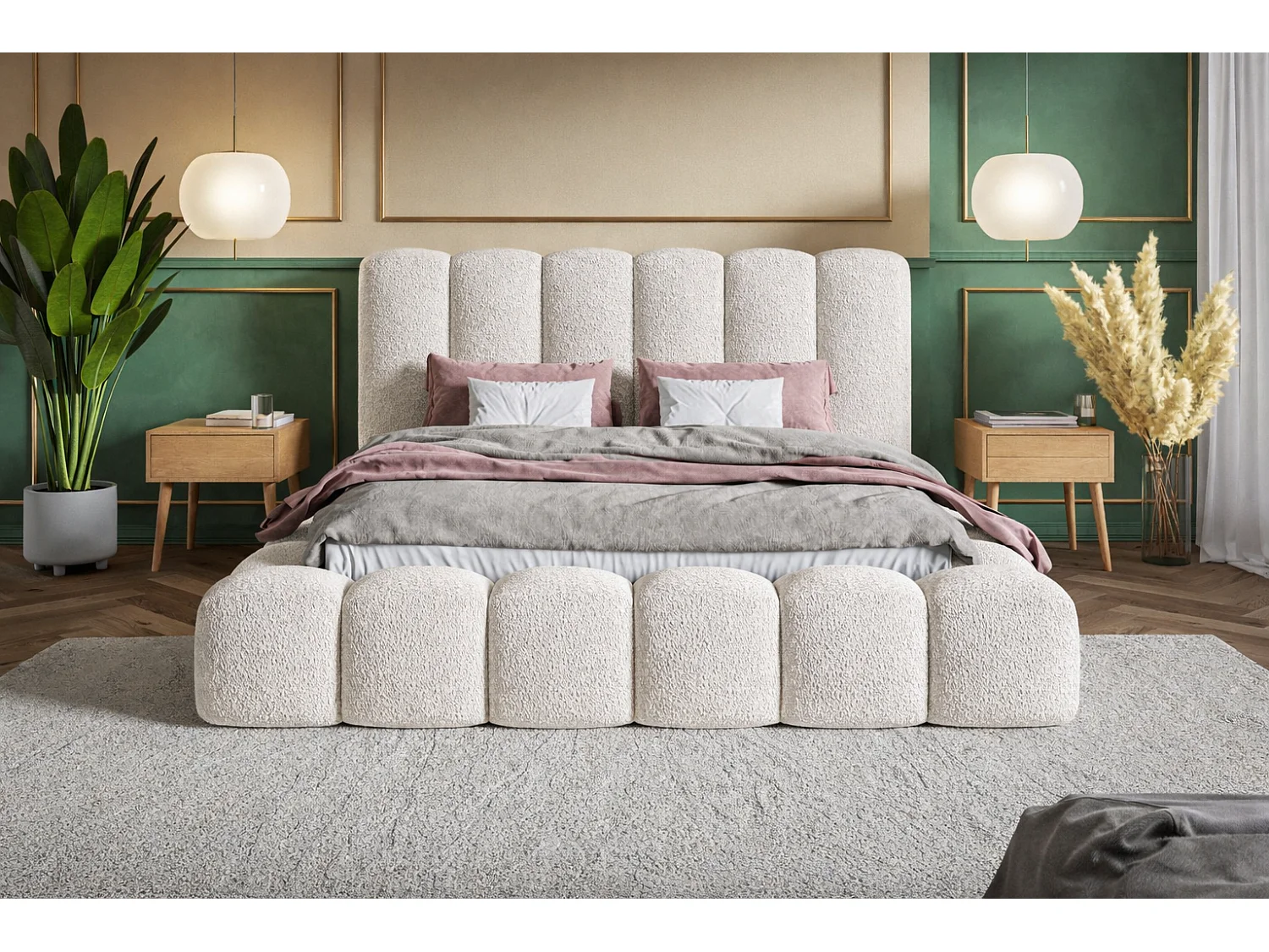 Polsterbett 180x200 Madeno mit Bettkasten - hochwertigem Schaumstoff, Metall-Lattenrost - Bouclé, Creme (Catch me 1)