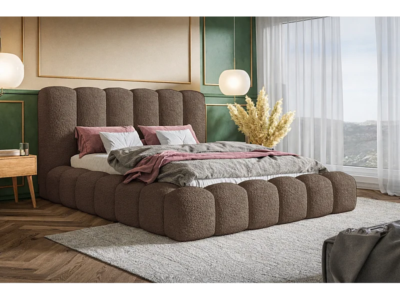 Lit capitoné 180x200 cm Madeno avec sommier, rangement - lit adulte, tissu bouclé Brun (Catch Me 6)