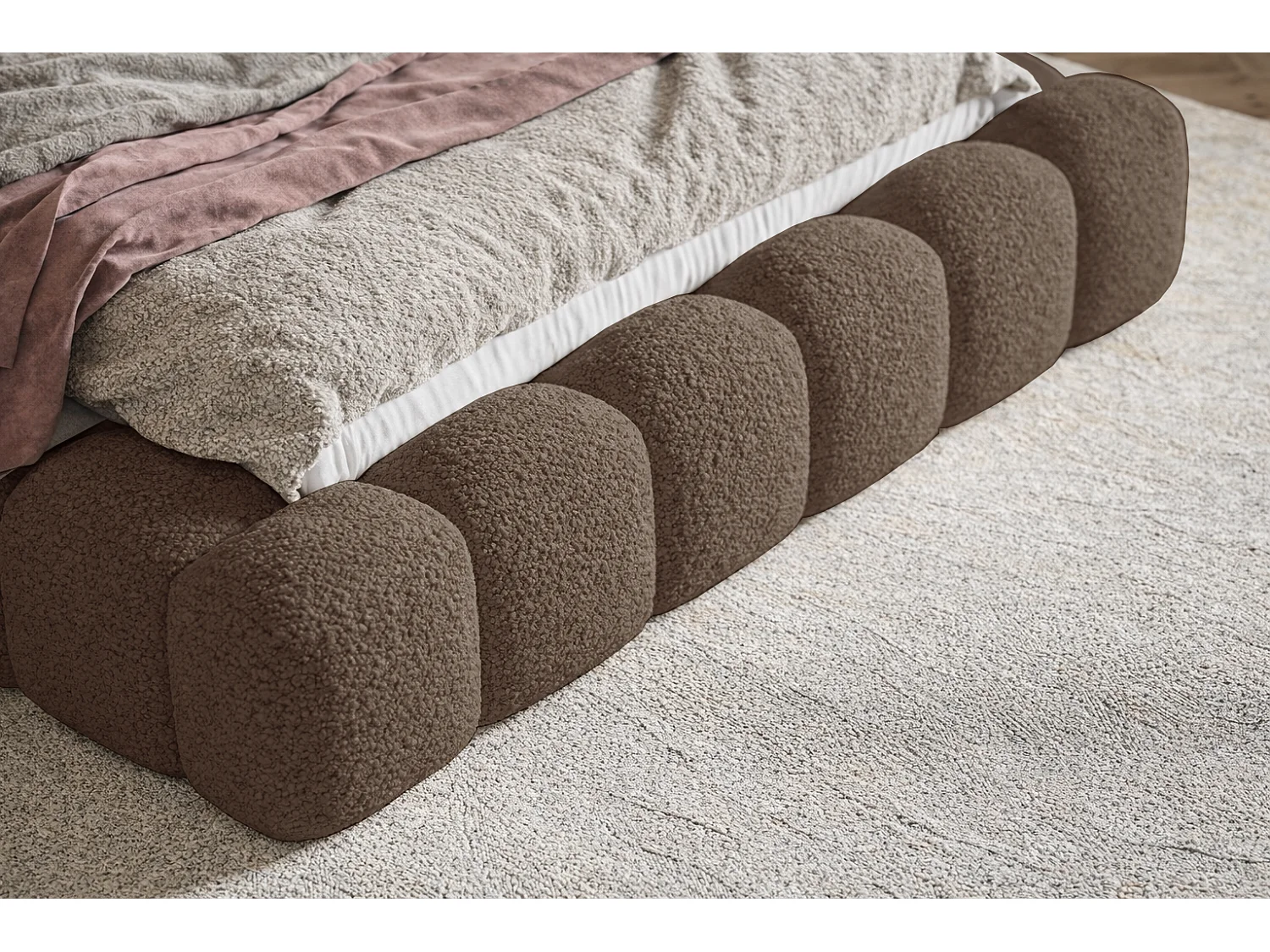 Polsterbett 140x200 Madeno mit Bettkasten - hochwertigem Schaumstoff, Metall-Lattenrost - Bouclé, Braun (Catch me 6)