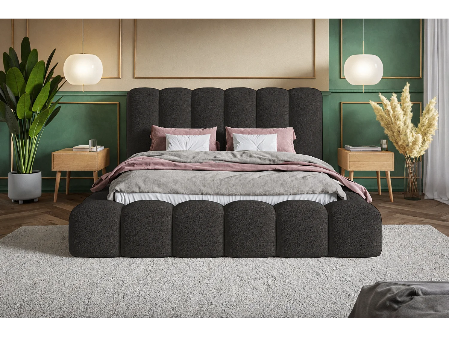 Polsterbett 140x200 Madeno mit Bettkasten - hochwertigem Schaumstoff, Metall-Lattenrost - Bouclé, Schwarz (Catch me 27)