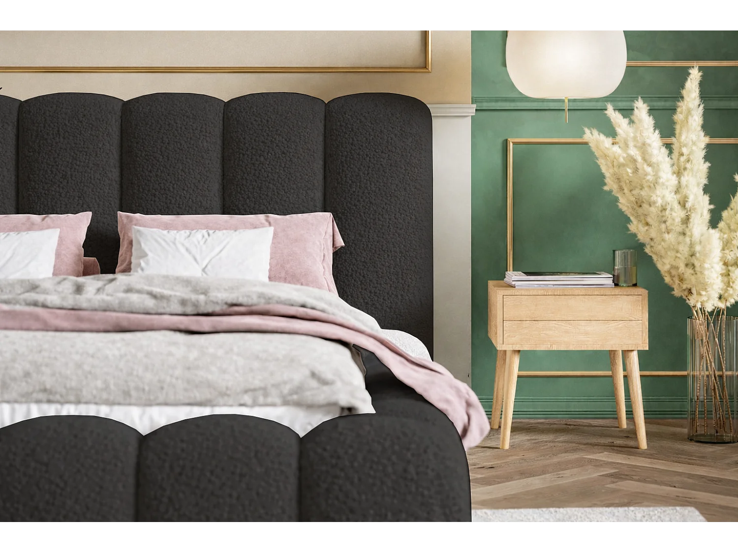 Polsterbett 140x200 Madeno mit Bettkasten - hochwertigem Schaumstoff, Metall-Lattenrost - Bouclé, Schwarz (Catch me 27)