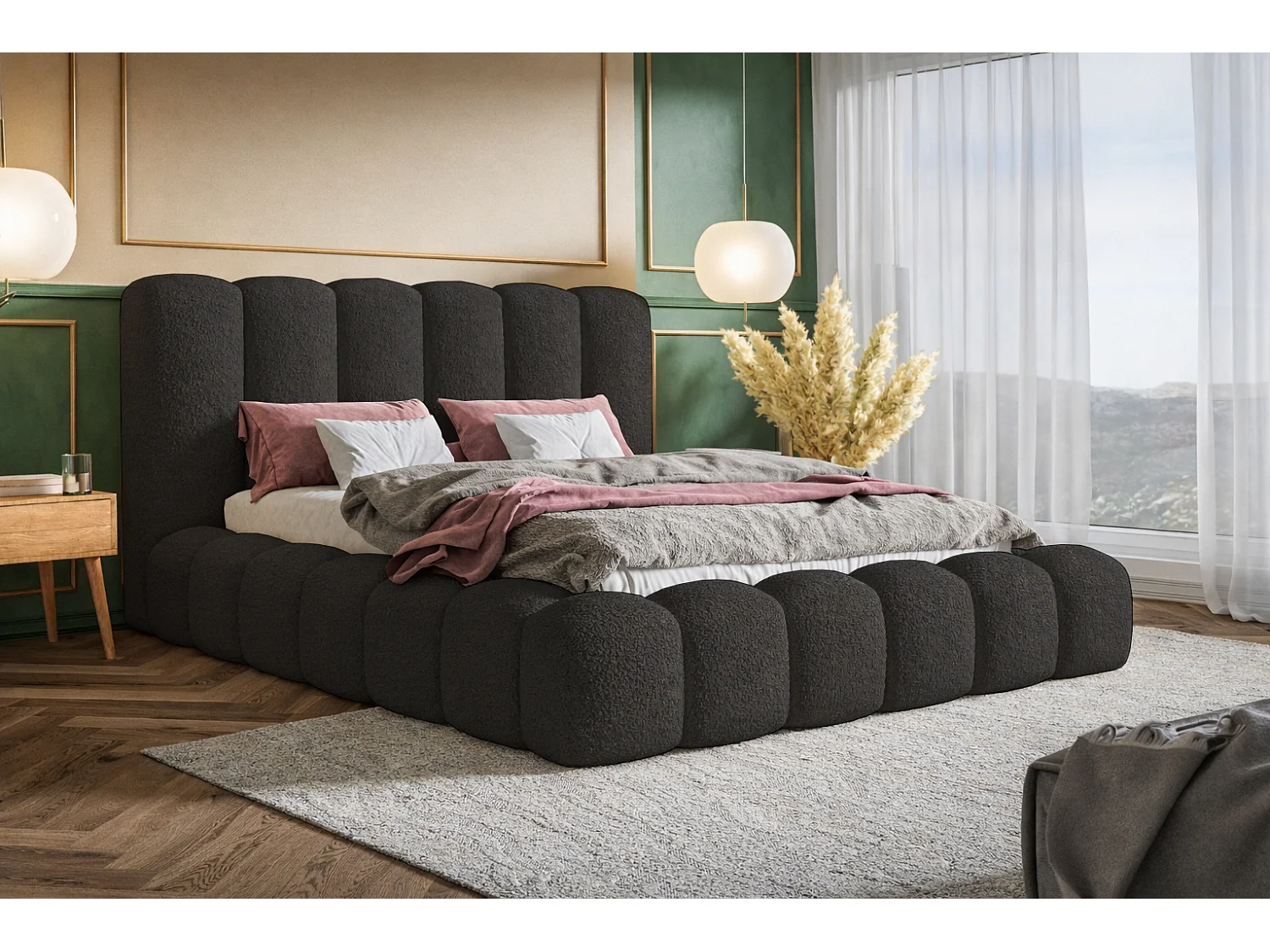 Polsterbett 140x200 Madeno mit Bettkasten - hochwertigem Schaumstoff, Metall-Lattenrost - Bouclé, Schwarz (Catch me 27)