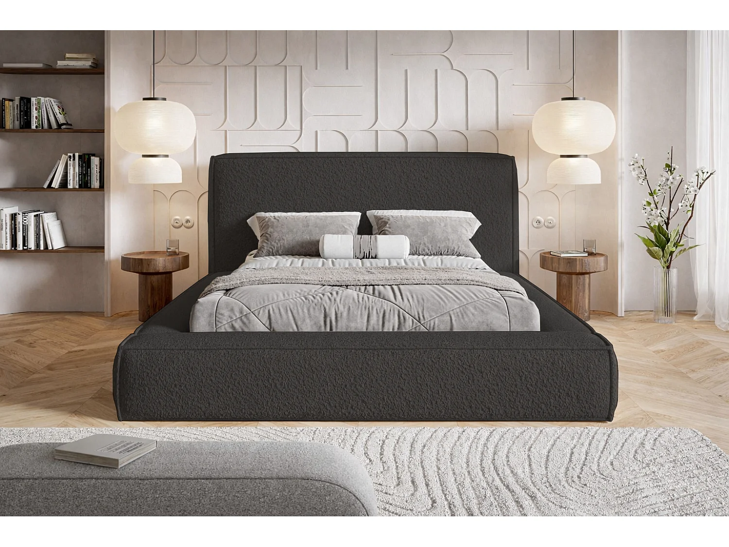 Polsterbett 140x200 Karano mit Bettkasten - Metall-Lattenrost, Samtstoff - Schwarz (Catch Me 27)