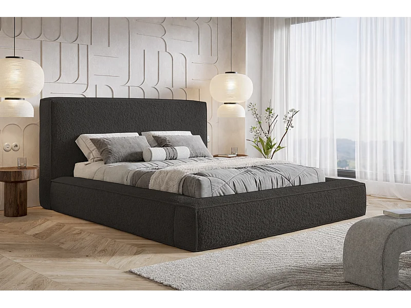 Lit coffre 140x200 cm Karano - sommier métallique, tissu bouclé, Noir (Catch Me 27)