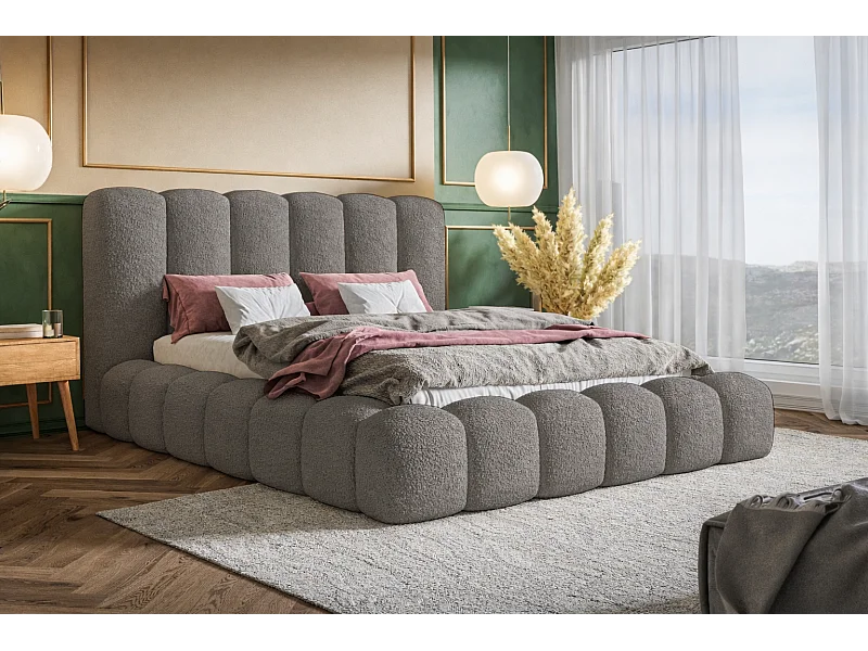 Lit capitoné 160x200 cm Madeno avec sommier, rangement - lit adulte, tissu bouclé Gris (Catch Me 25)