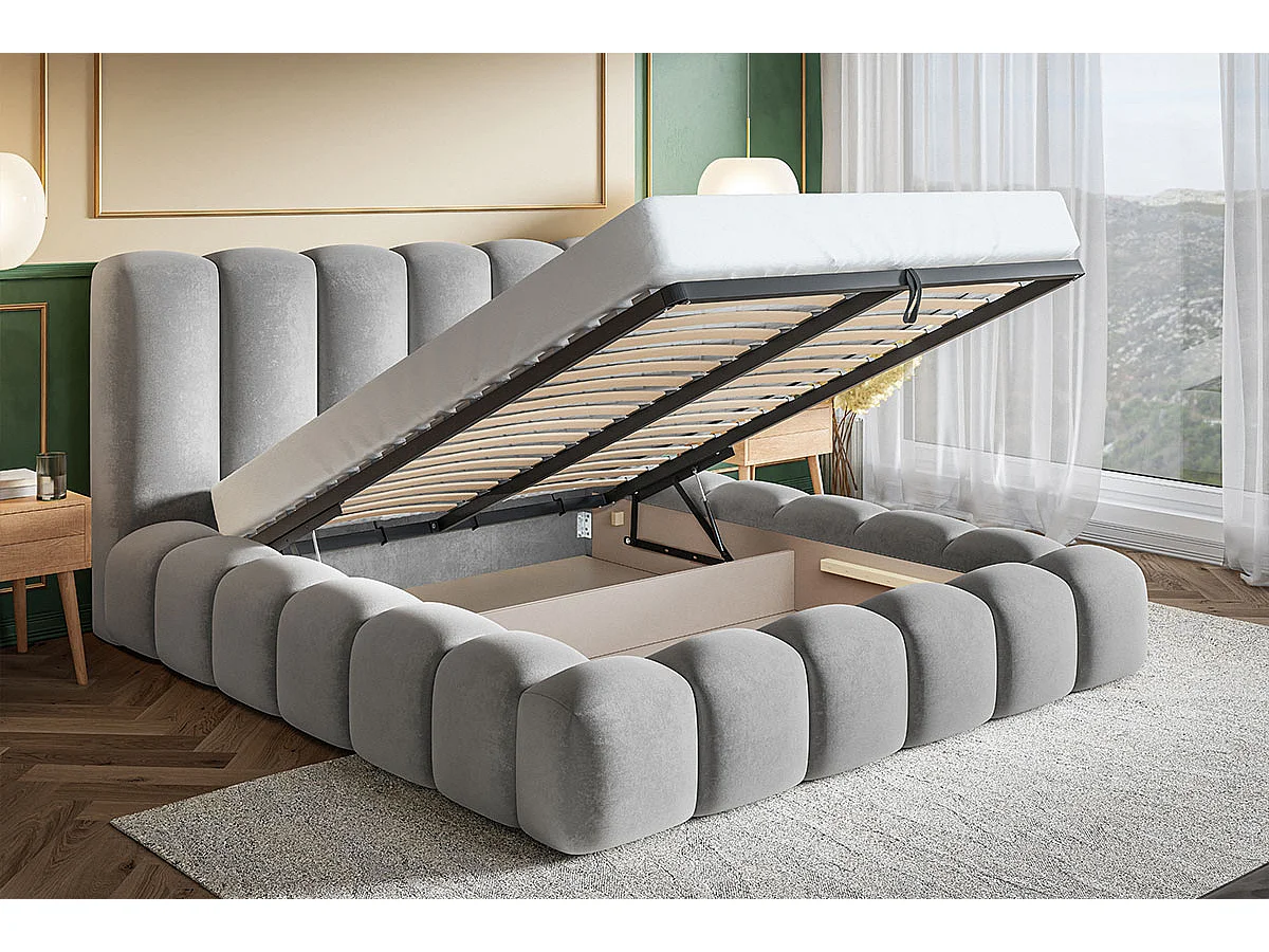 Doppelbett 140x200 Madeno mit Bettkasten - hochwertigem Schaumstoff, Metall-Lattenrost - Samtstoff, Grün (Amor Velvet 4311)