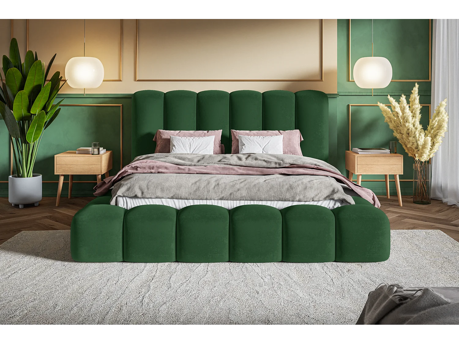 Gestoffeerd bed 140x200 Madeno - metalen lattenbodem, opbergruimte - fluweel, Groen (Amor Velvet 4311)