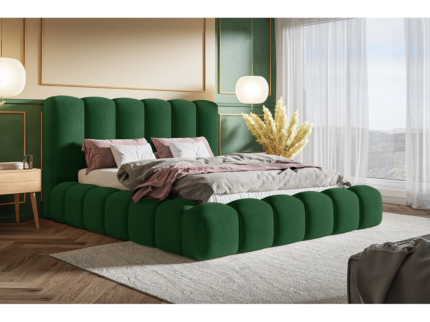 Gestoffeerd bed 140x200 Madeno - lattenbodem, opbergruimte - fluweel, Groen (Amor Velvet 4311)