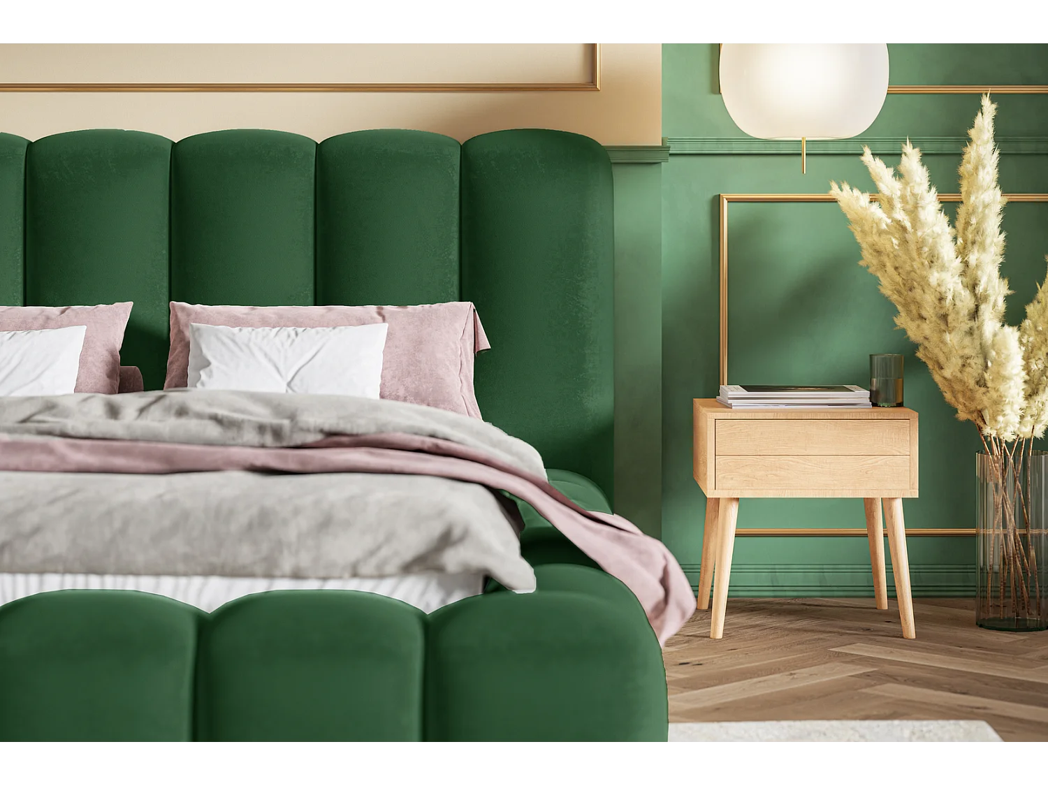 Gestoffeerd bed 140x200 Madeno - lattenbodem, opbergruimte - fluweel, Groen (Amor Velvet 4311)