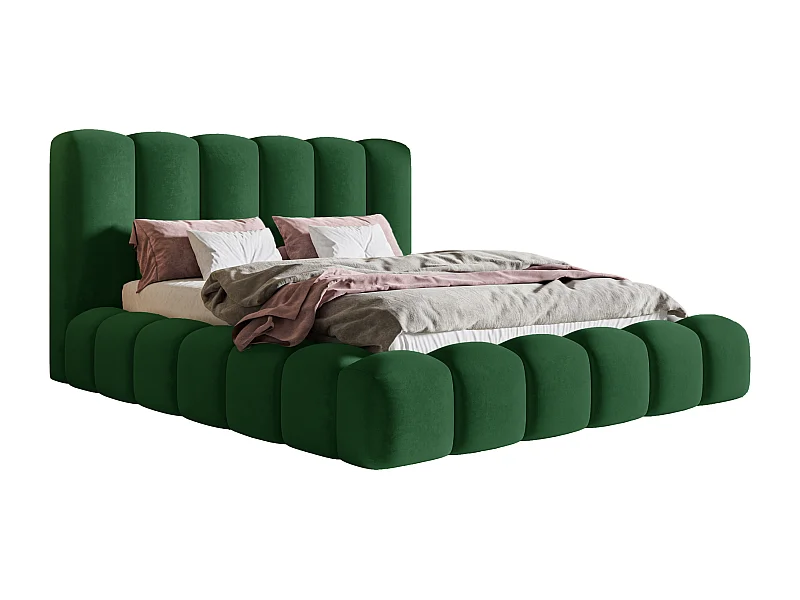 Lit capitoné 140x200 cm Madeno avec sommier, rangement - lit adulte, tissu velours Vert (Amor Velvet 4311)