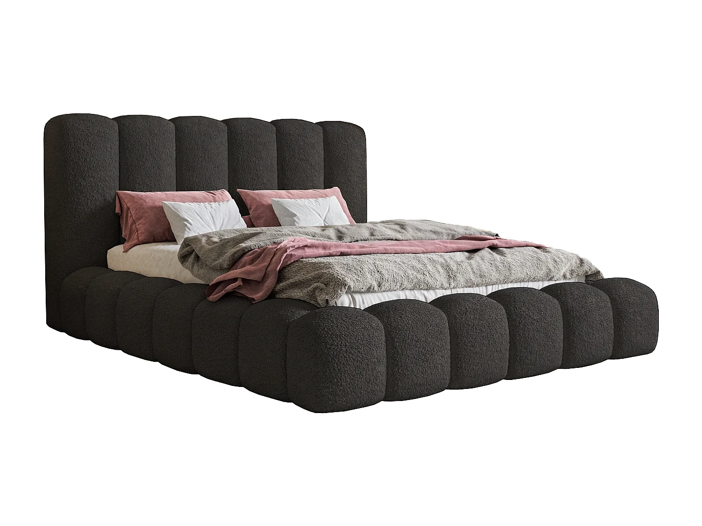 Lit capitoné 180x200 cm Madeno avec sommier, rangement - lit adulte, tissu bouclé Noir (Catch Me 27)