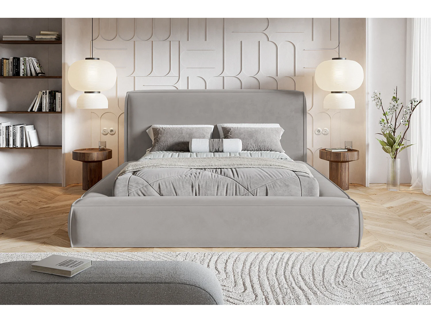 Polsterbett 160x200 Karano mit Lattenrost - Bettkasten, Samtstoff - Hellgrau (Amor Velvet 4318)
