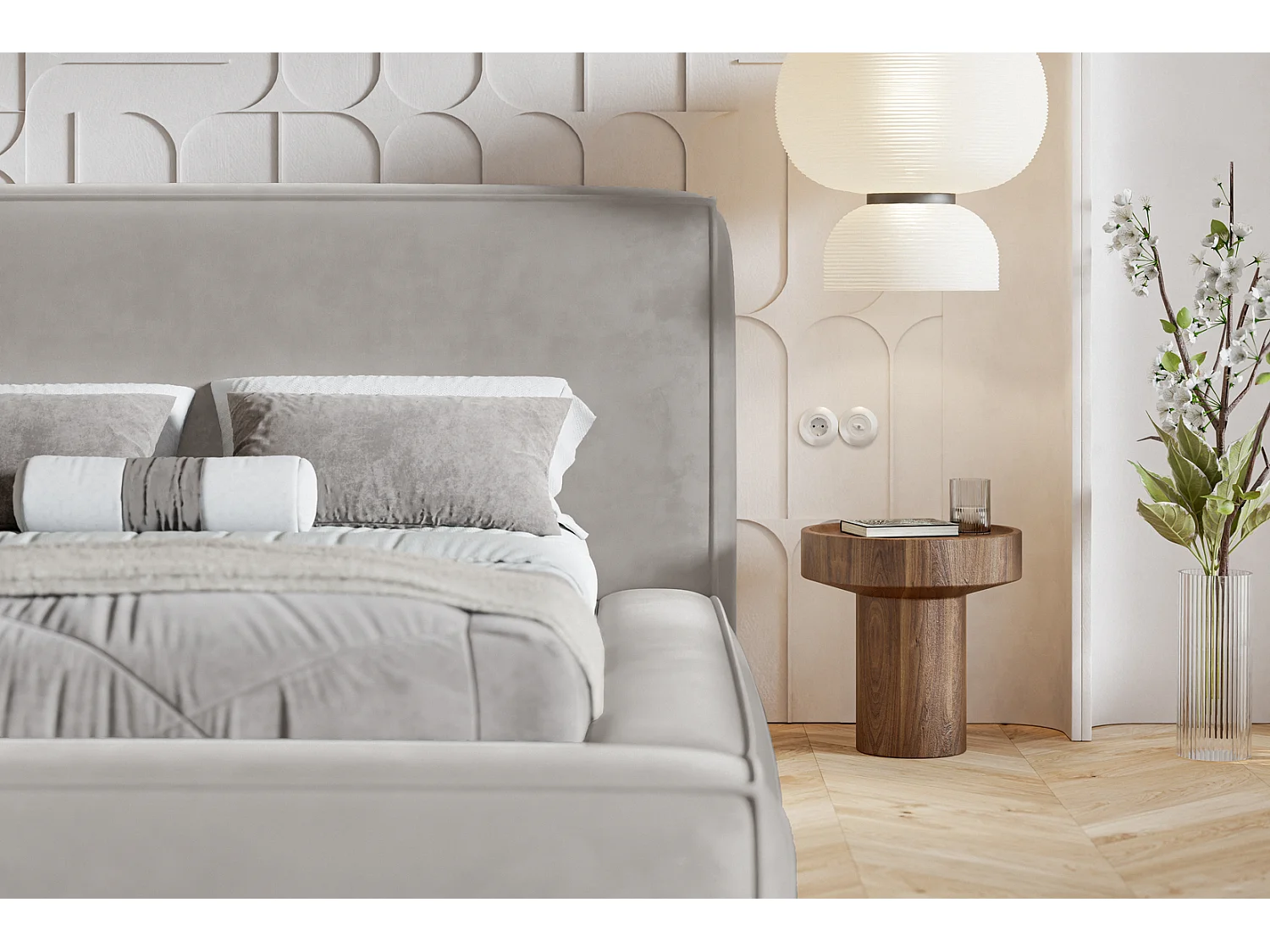 Polsterbett 160x200 Karano mit Lattenrost - Bettkasten, Samtstoff - Hellgrau (Amor Velvet 4318)