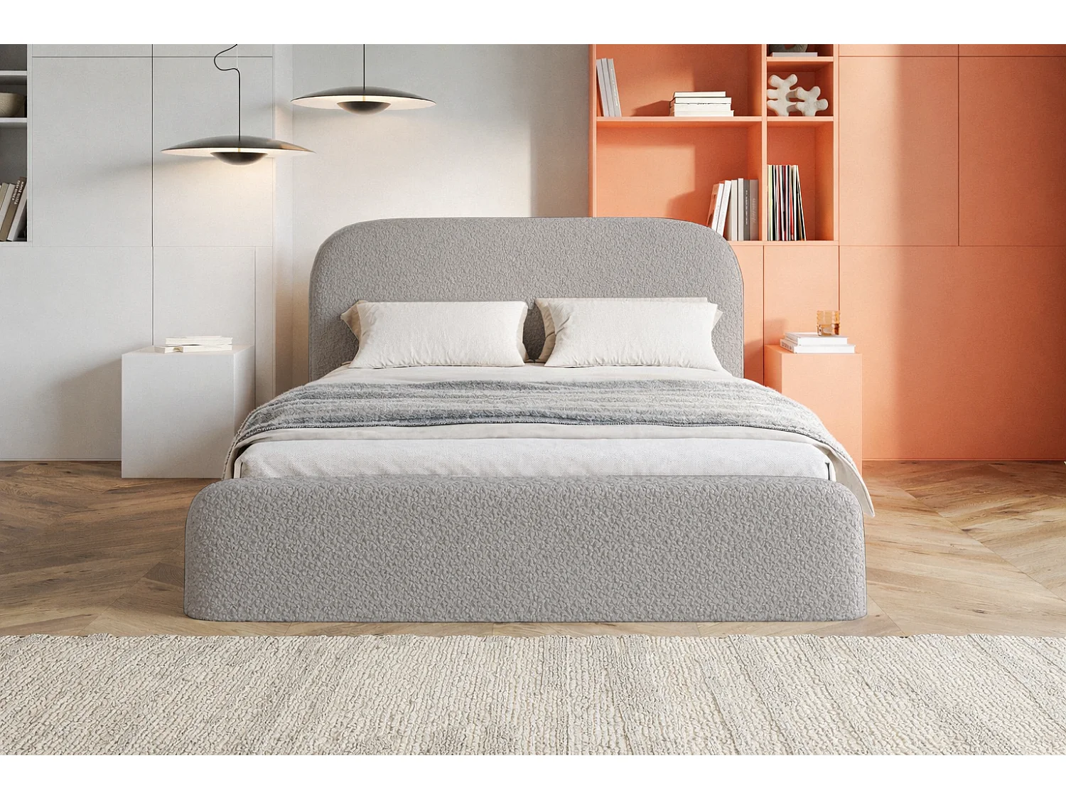 Polsterbett mit Bettkasten 160x200 Wendra - rundem Kopfteil, Lattenrost - Bouclé, Hellgrau (Catch me 24)