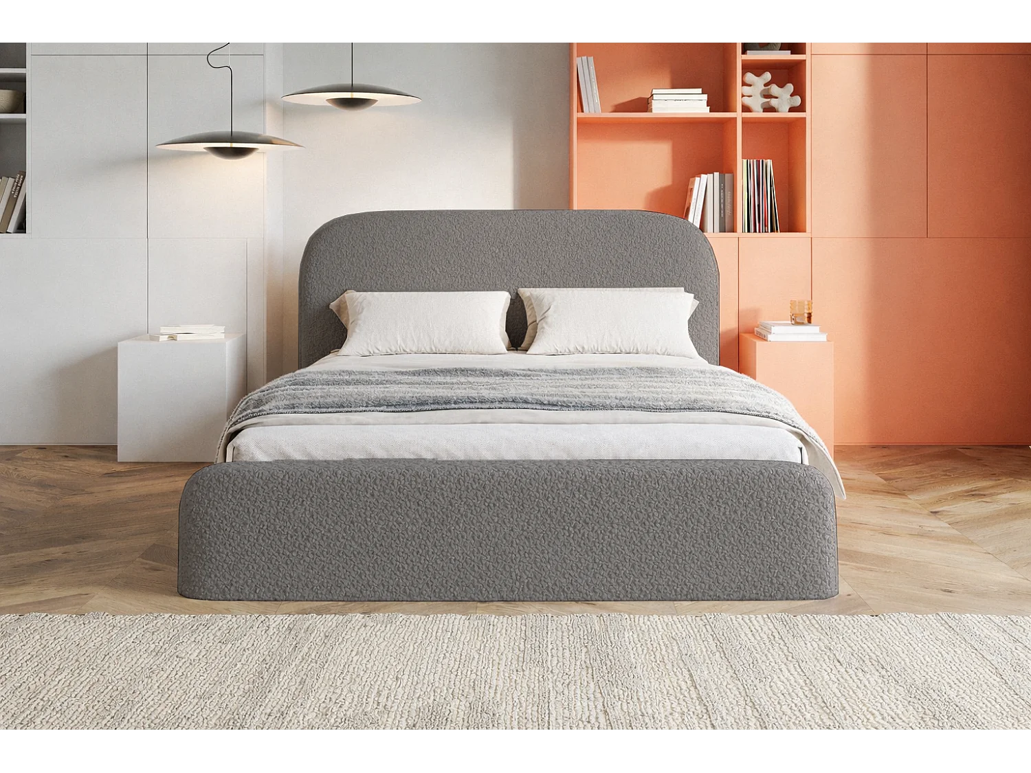 Polsterbett mit Bettkasten 180x200 Wendra - rundem Kopfteil, Metall-Lattenrost - Bouclé, Grau (Catch me 25)