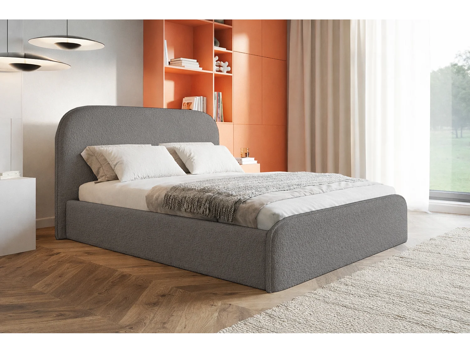 Polsterbett mit Bettkasten 180x200 Wendra - rundem Kopfteil, Metall-Lattenrost - Bouclé, Grau (Catch me 25)