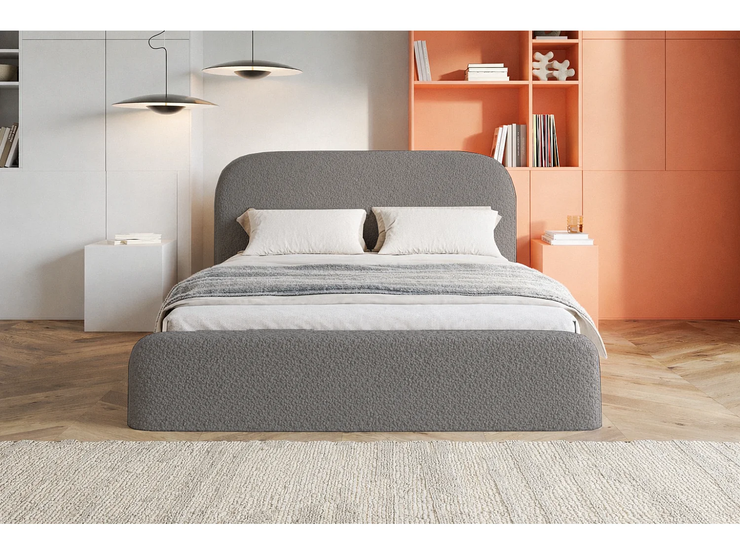 Polsterbett mit Bettkasten 180x200 Wendra - rundem Kopfteil, Metall-Lattenrost - Bouclé, Grau (Catch me 25)