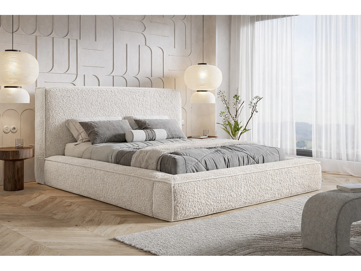Lit coffre 180x200 cm Karano - sommier métallique, tissu bouclé, Crème (Catch Me 1)