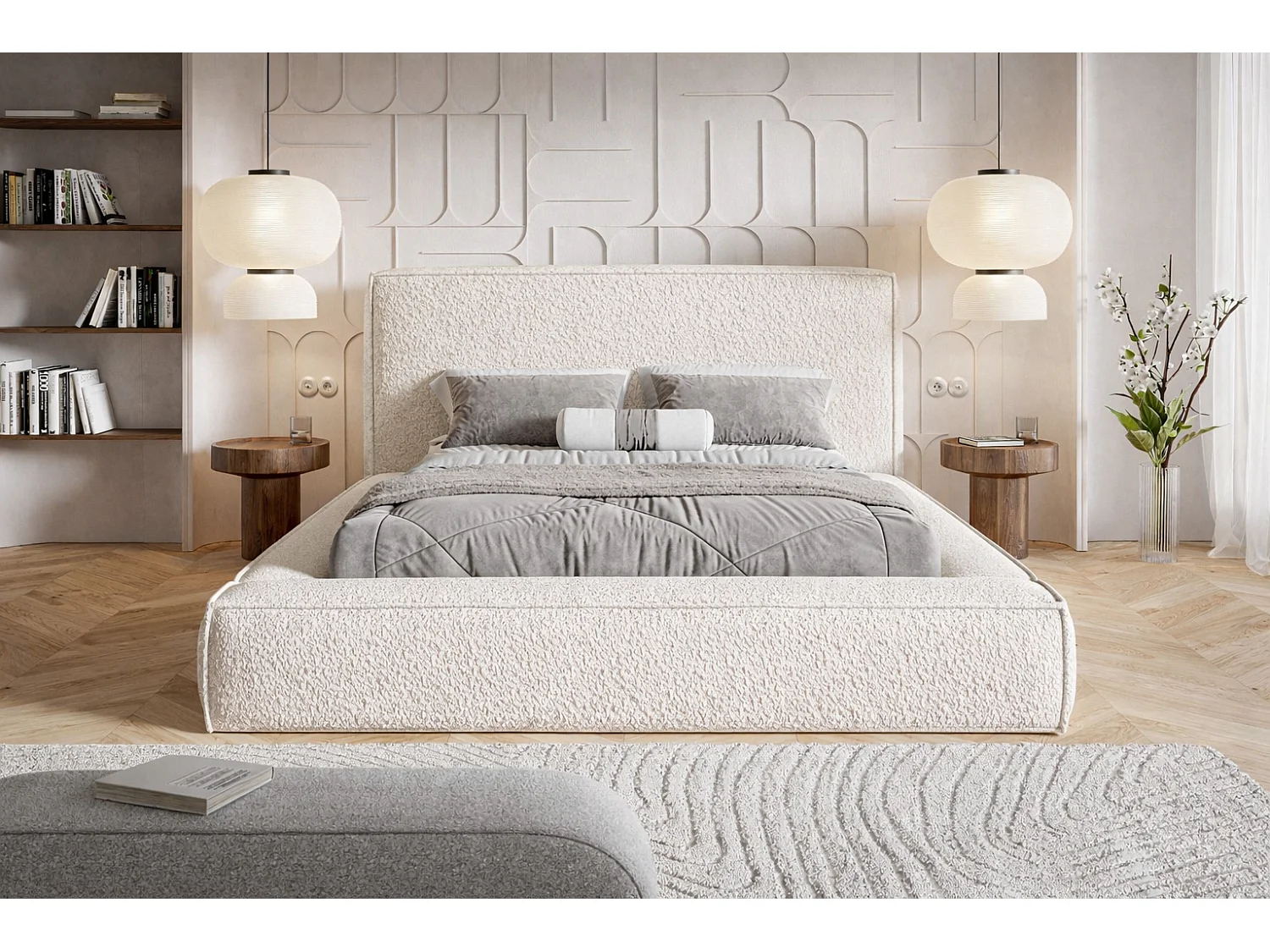 Lit coffre 180x200 cm Karano - sommier métallique, tissu bouclé, Crème (Catch Me 1)