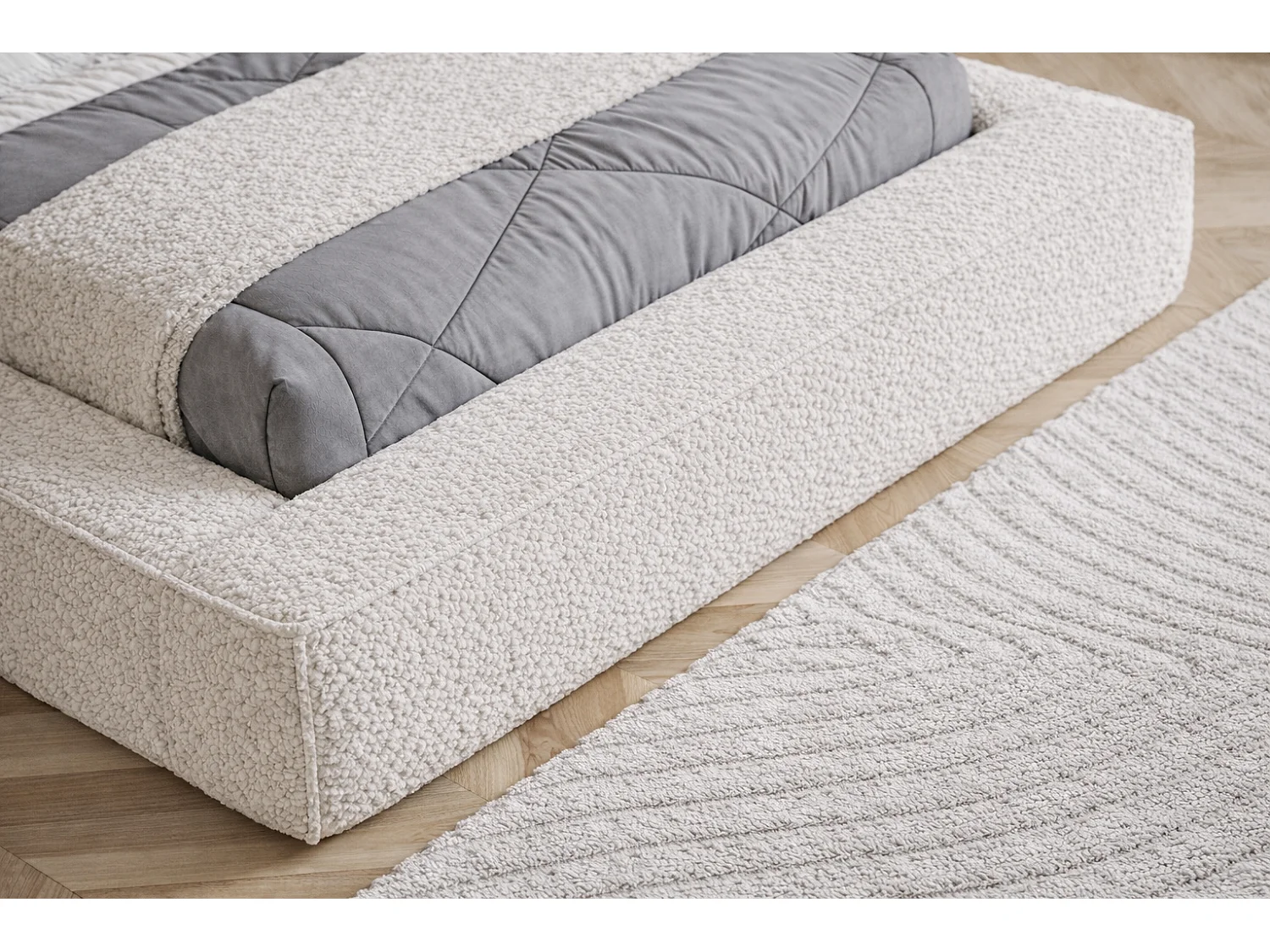 Lit coffre 180x200 cm Karano - sommier métallique, tissu bouclé, Crème (Catch Me 1)