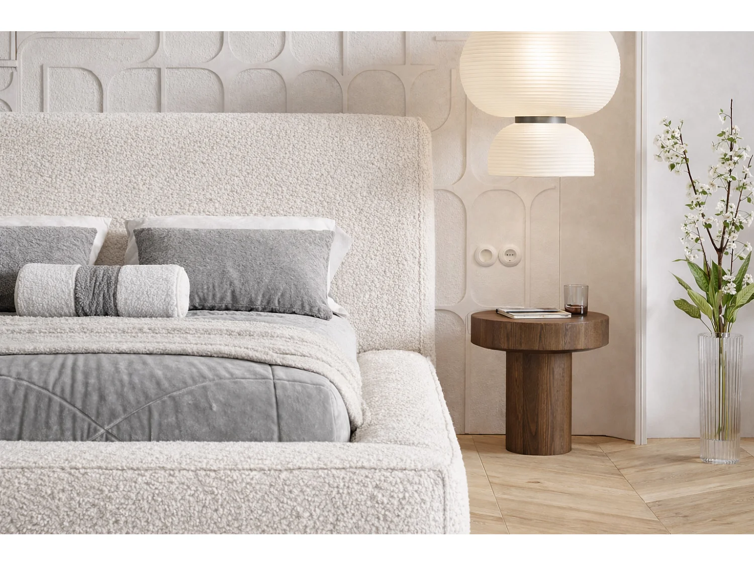 Lit coffre 180x200 cm Karano - sommier métallique, tissu bouclé, Crème (Catch Me 1)