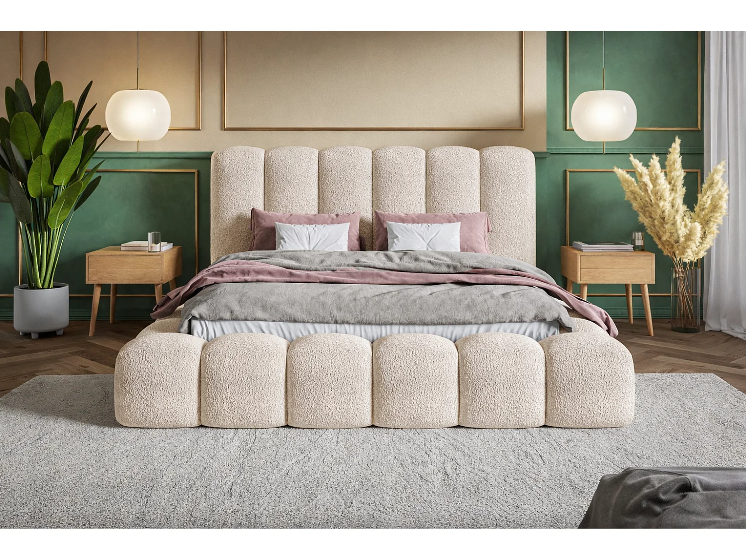 Polsterbett 160x200 Madeno mit Bettkasten - hochwertigem Schaumstoff, Metall-Lattenrost - Bouclé, Beige (Catch me 2)