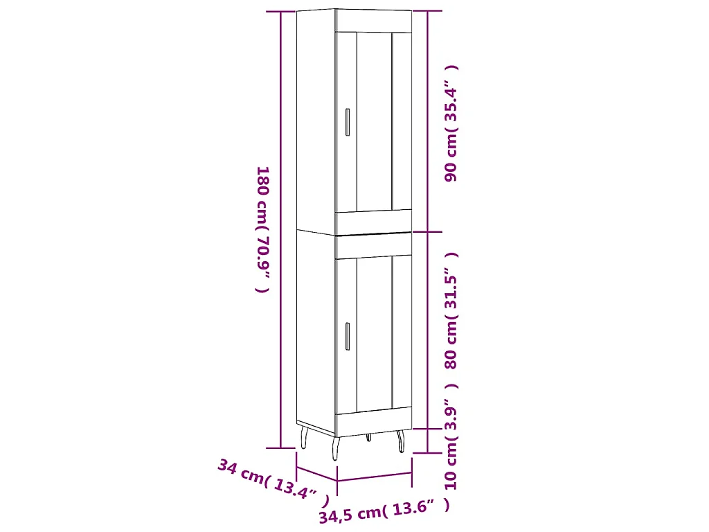 Buffet haut Gris béton 34,5x34x180 cm Bois d'ingénierie