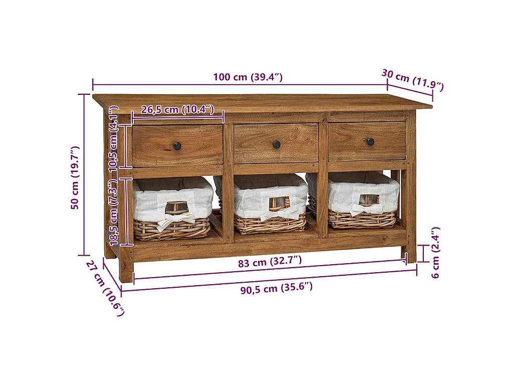 Aparador de madera maciza de caoba 100x30x50 cm