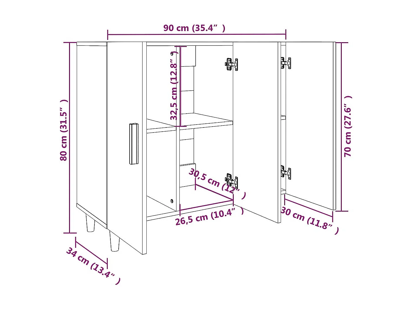 Dressoir 90x34x80 cm bewerkt hout gerookt eikenkleurig