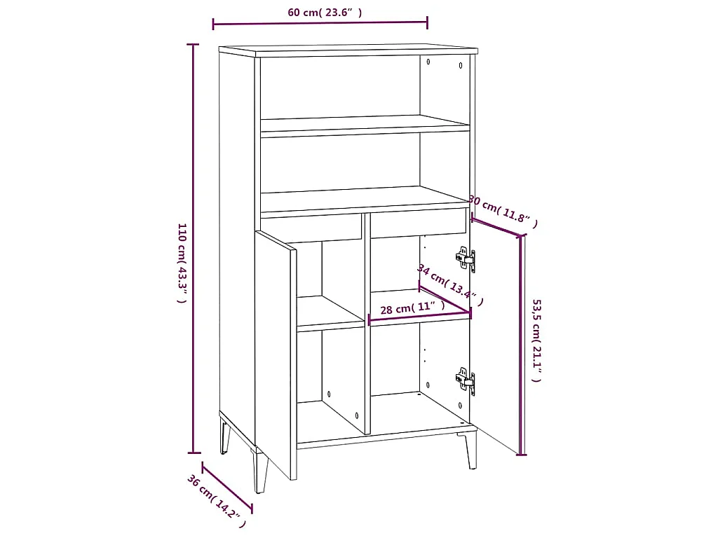 Buffet haut Blanc 60x36x110 cm Bois d'ingénierie