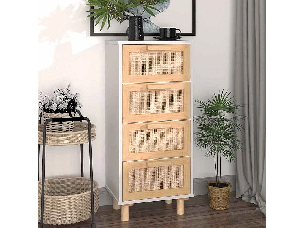 Credenza Bianca 40x30x90cm Legno Massello Pino Rattan Naturale