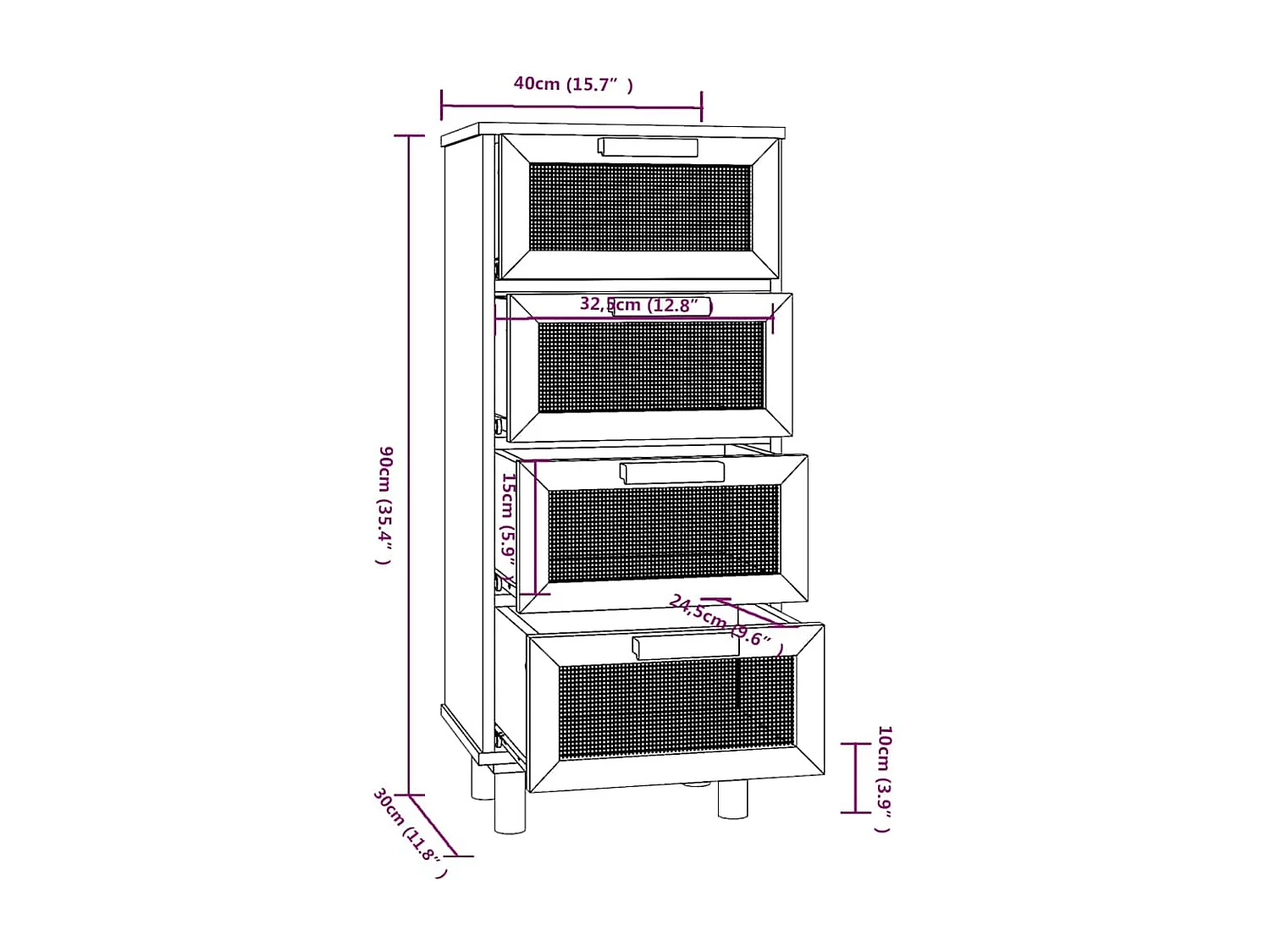 Buffet Blanc 40x30x90 cm Bois de pin massif et rotin naturel