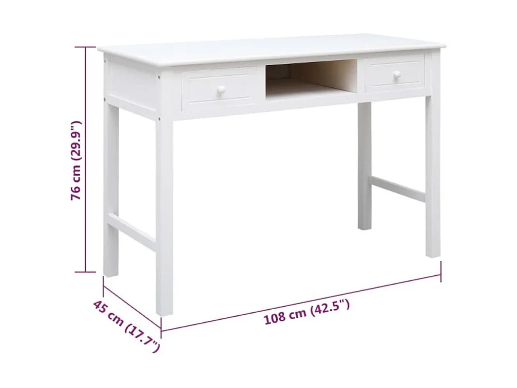 Scrivania Bianca 108x45x76 cm in Legno Massello di Paulownia