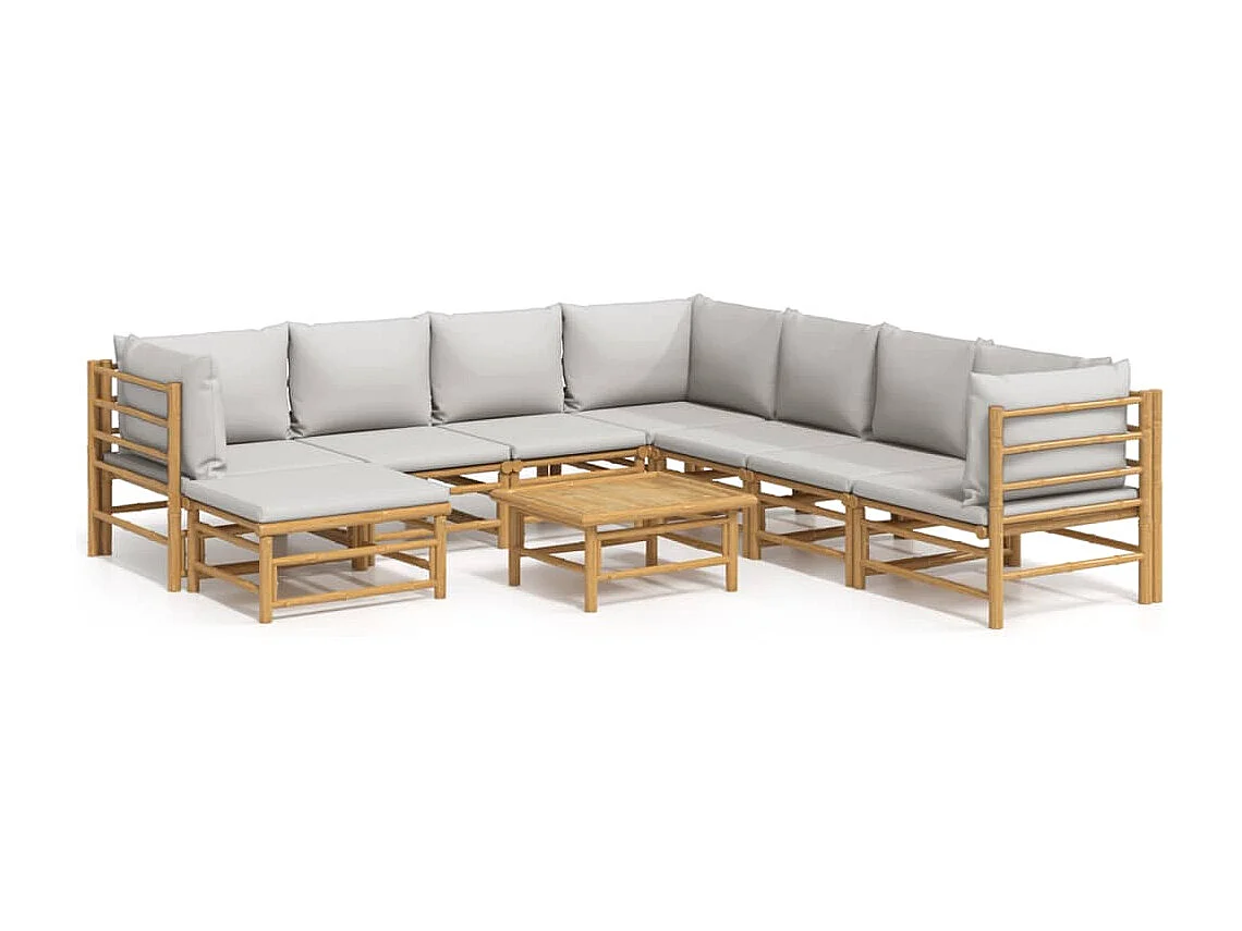 Set Salotto da Giardino 9pz con Cuscini Grigio Chiaro Bambù