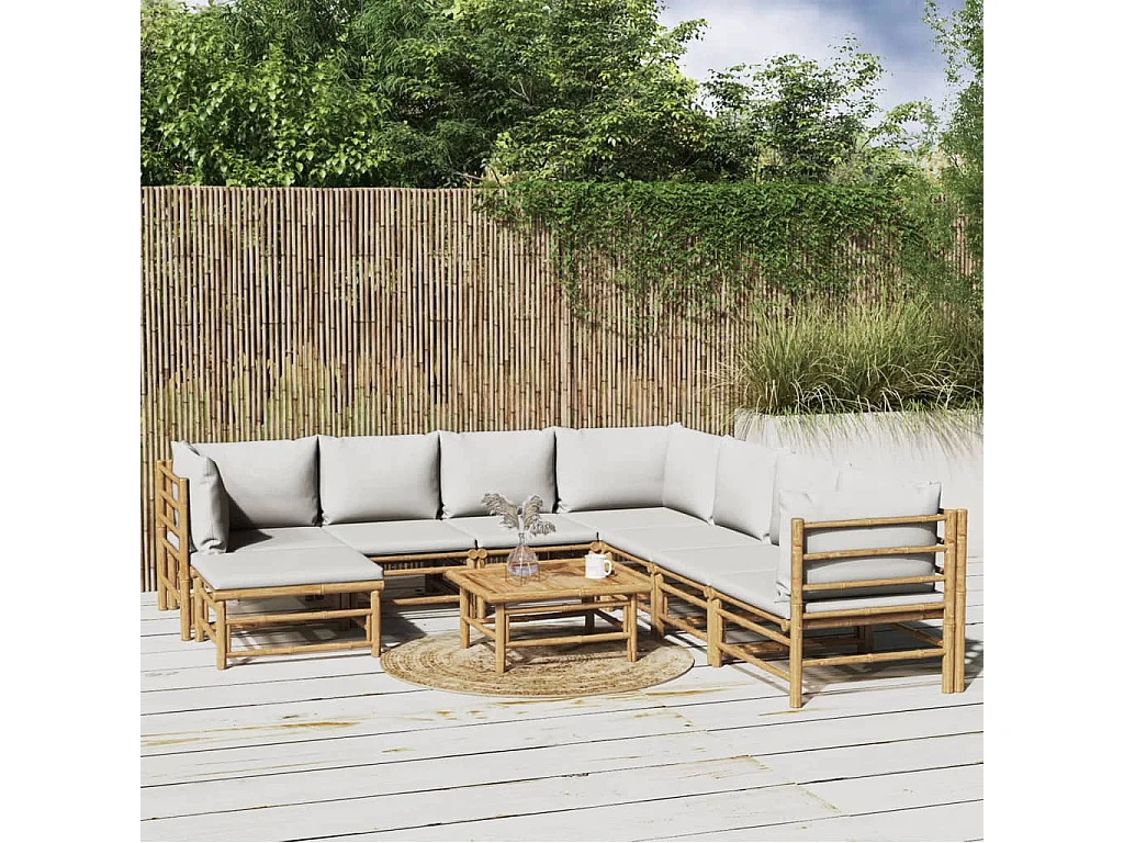 Set Salotto da Giardino 9pz con Cuscini Grigio Chiaro Bambù