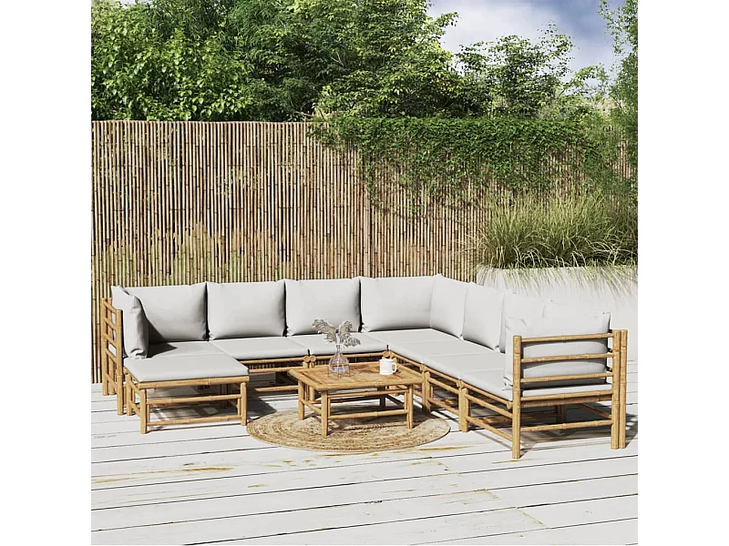 Salon de jardin 9 pcs avec coussins gris clair bambou