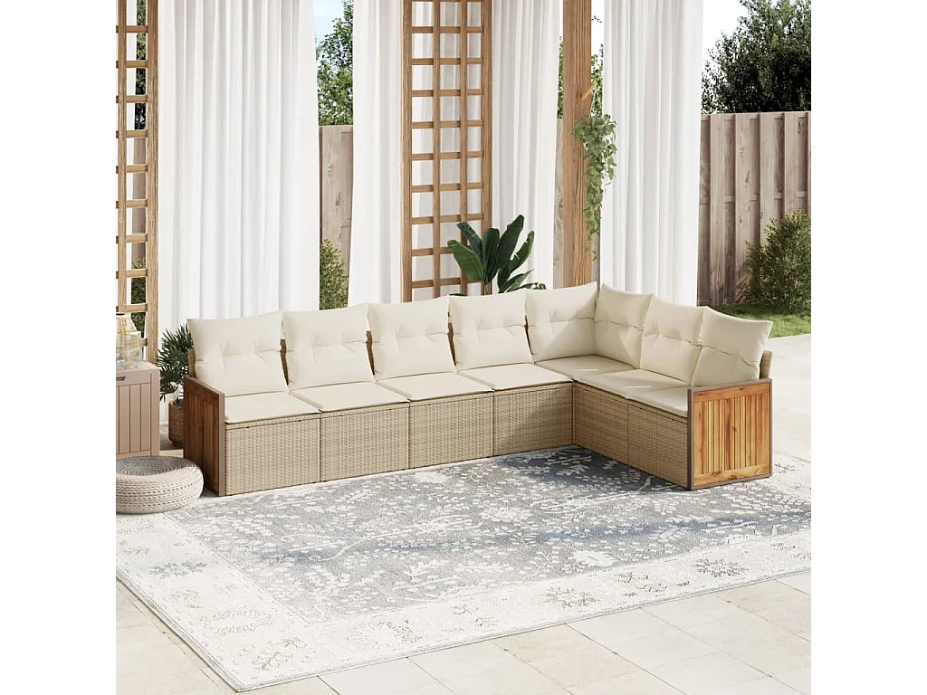 7-tlg. Garten-Sofagarnitur mit Kissen Beige Poly Rattan