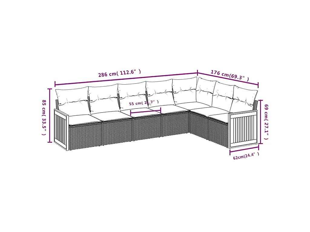 7-delige Loungeset met kussens poly rattan beige