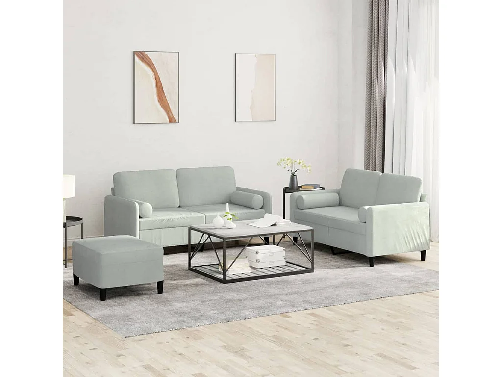 Ensemble de canapés 3 pcs avec coussins gris clair velours