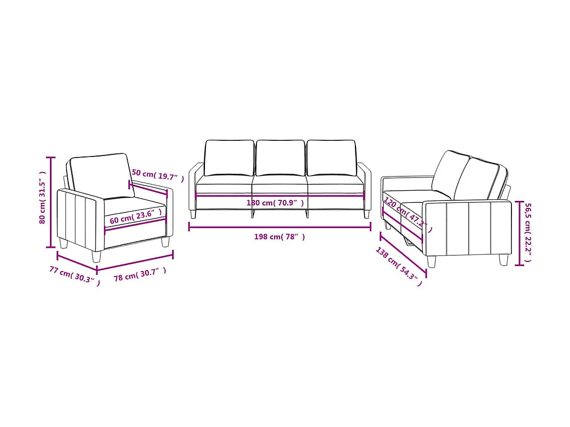 3-tlg. Sofagarnitur mit Kissen Schwarz Stoff