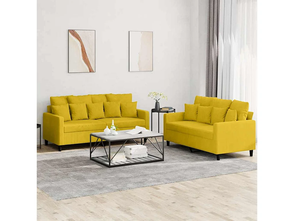 Ensemble de canapés 2 pcs avec coussins Jaune Velours