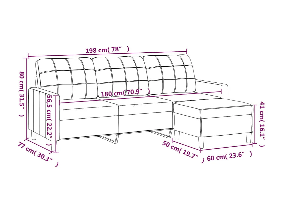 Canapé à 3 places avec repose-pieds Gris clair 180 cm Tissu