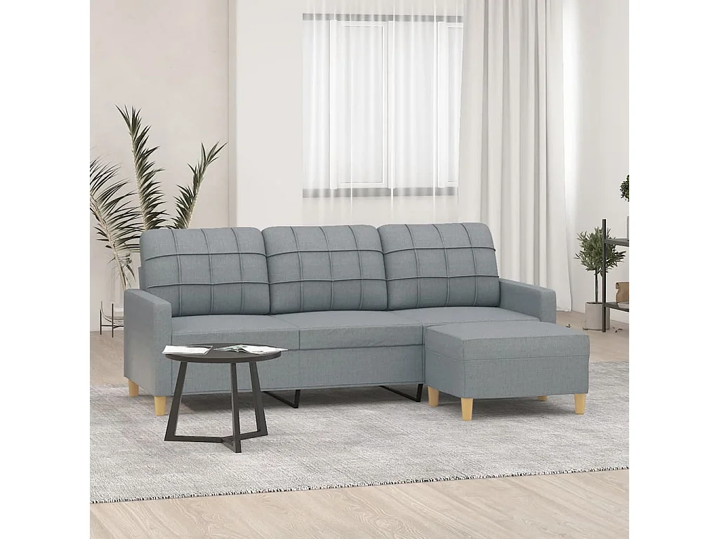Sofá de 3 lugares com apoio de pés 180 cm tecido cinzento-claro
