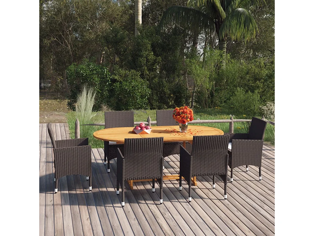 Ensemble à manger de jardin 7 pcs Résine tressée Marron