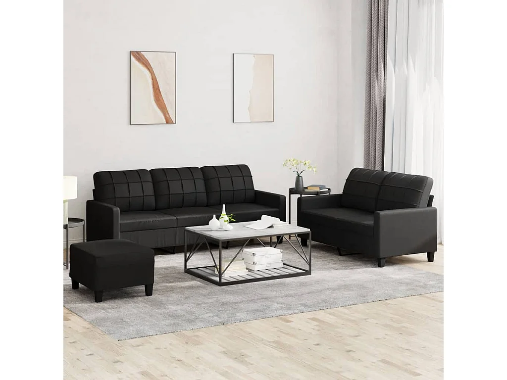 3-tlg. Sofagarnitur mit Kissen Schwarz Kunstleder