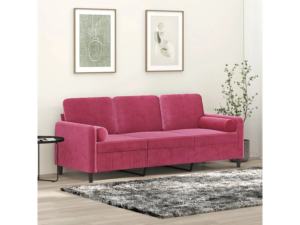 Sofá 3 lug. + almofadas decorativas 180cm veludo vermelho tinto