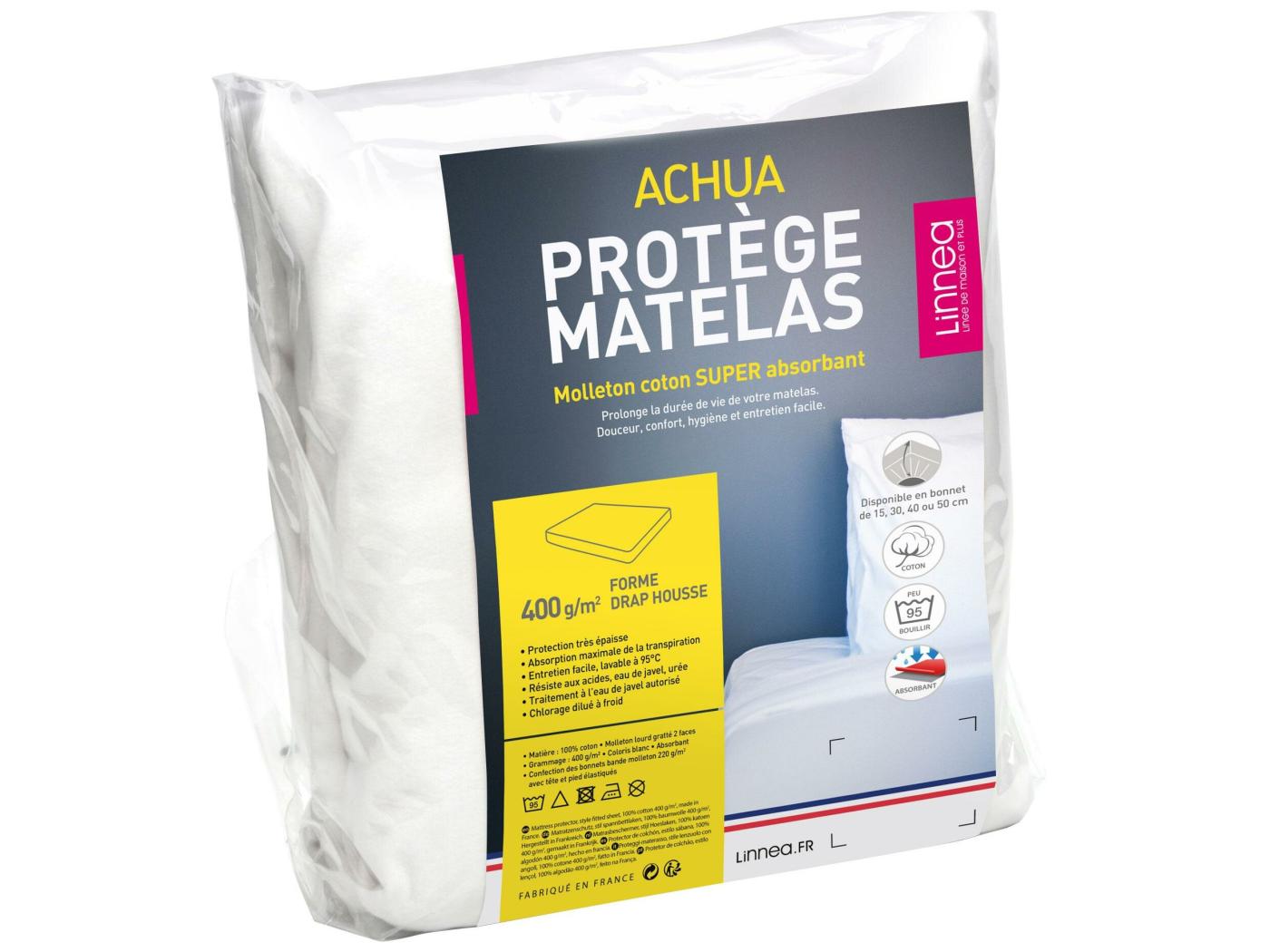 Protège Matelas 160x200 Cm ACHUA Molleton Coton 400 G/m2 Bonnet 30cm