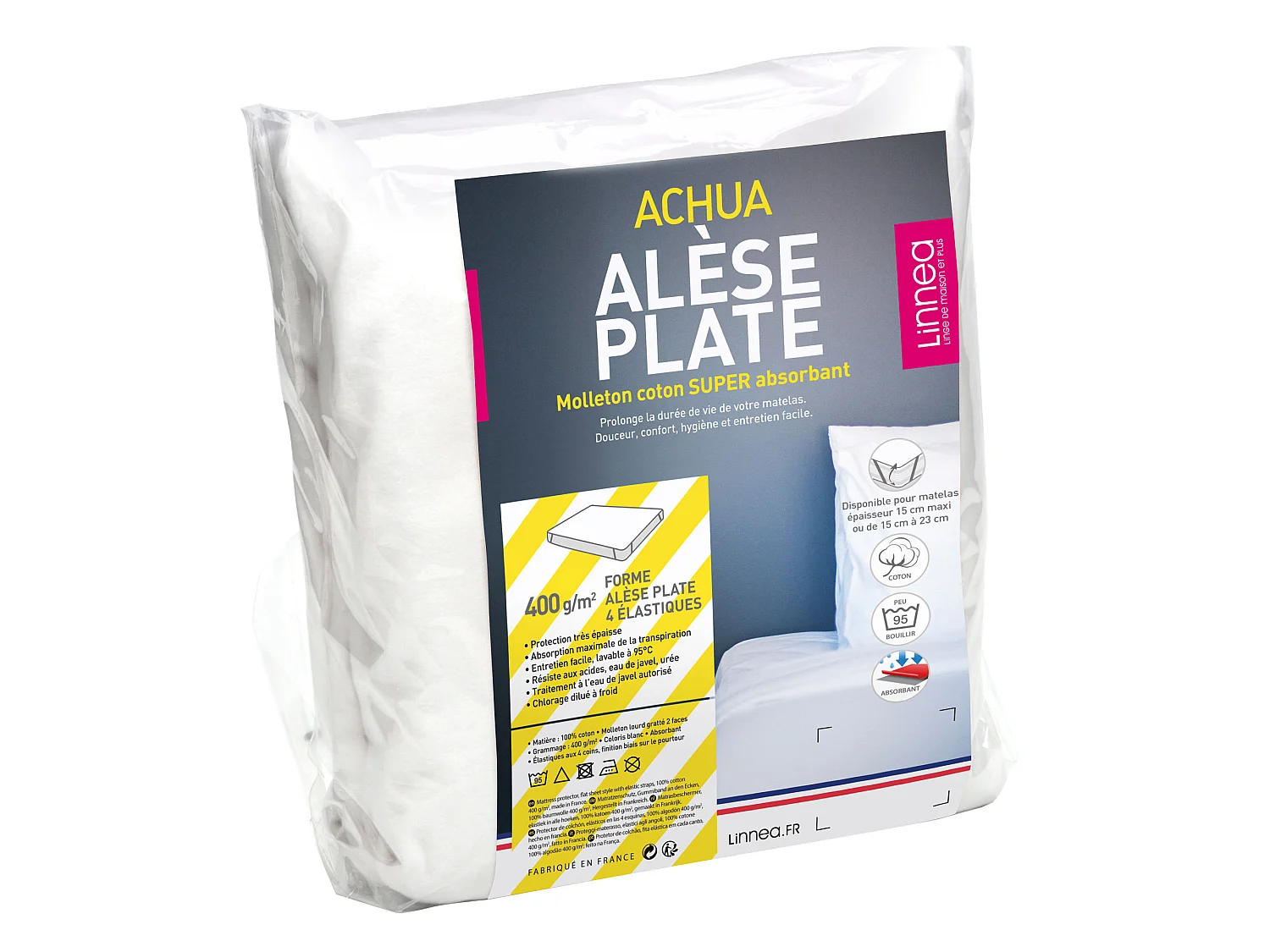Alèse plate 140x200 cm ACHUA molleton coton 400 g/m² matelas 15cm à 23cm